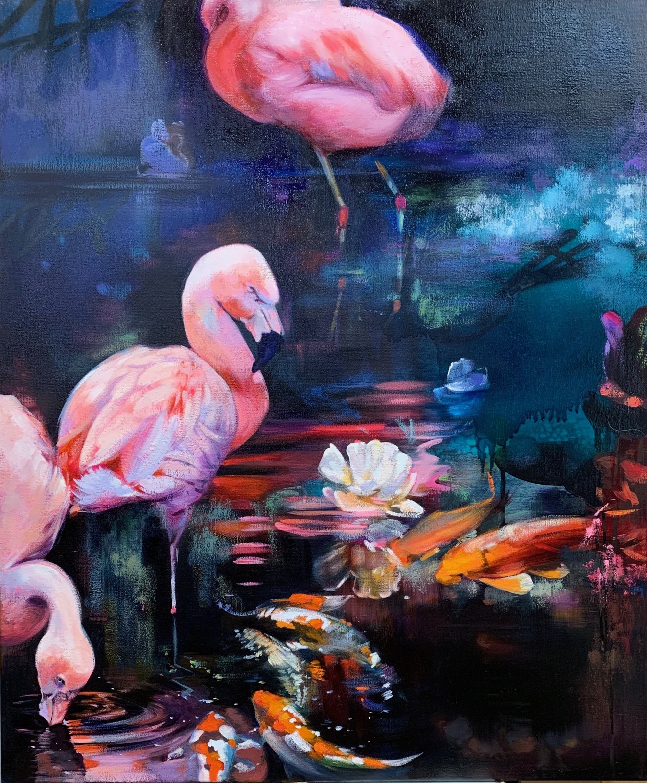 Abstract realism painting of pink flamingos wading among koi and lotus on a dark teal ground