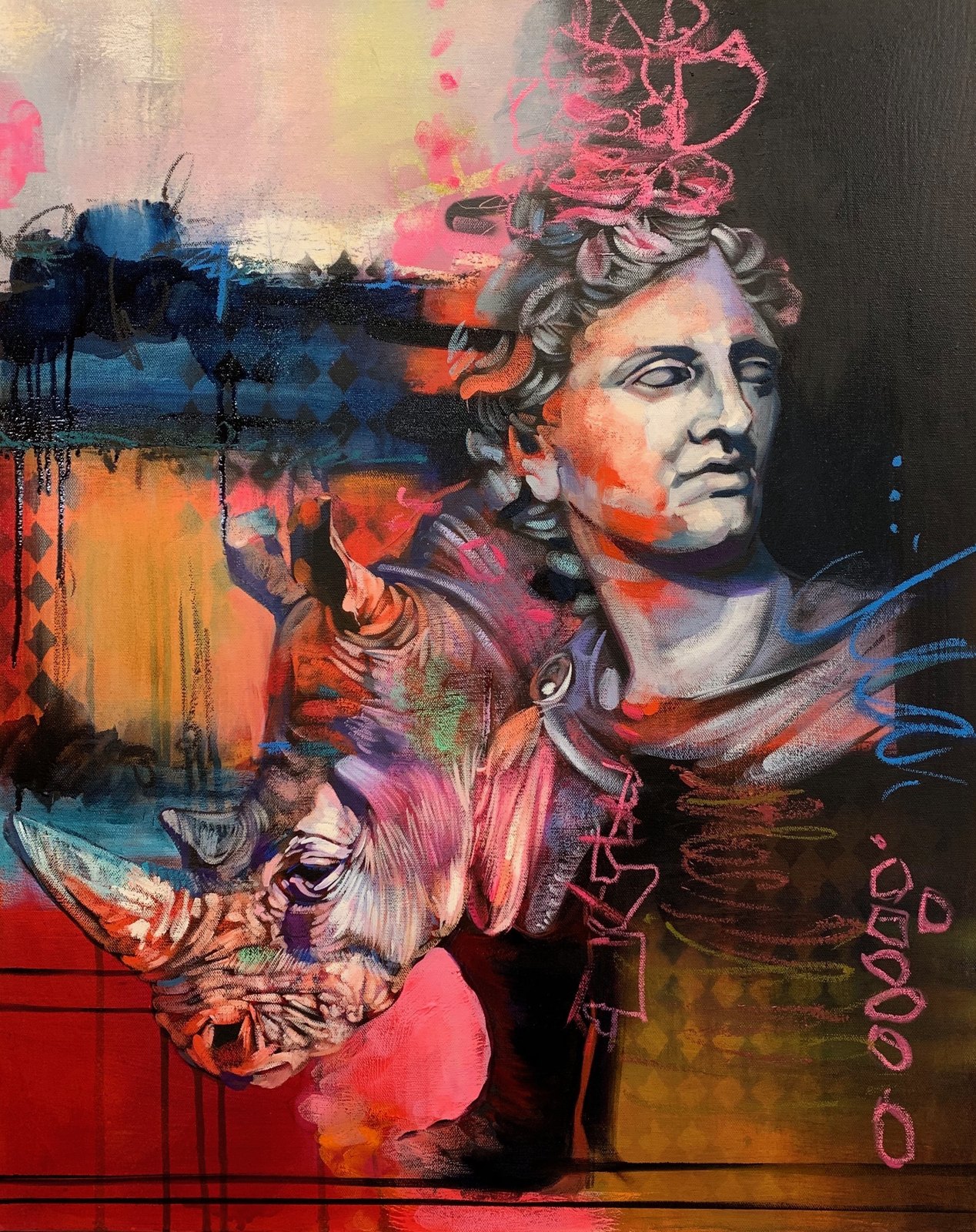 Rhino brought up out of warm abstract layers with chalk marks and drips