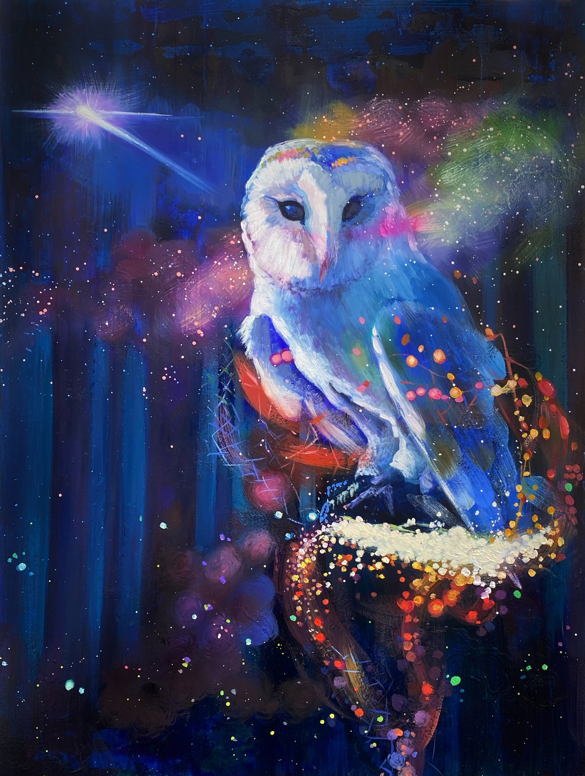 Barn owl in a violet and gold night sky
