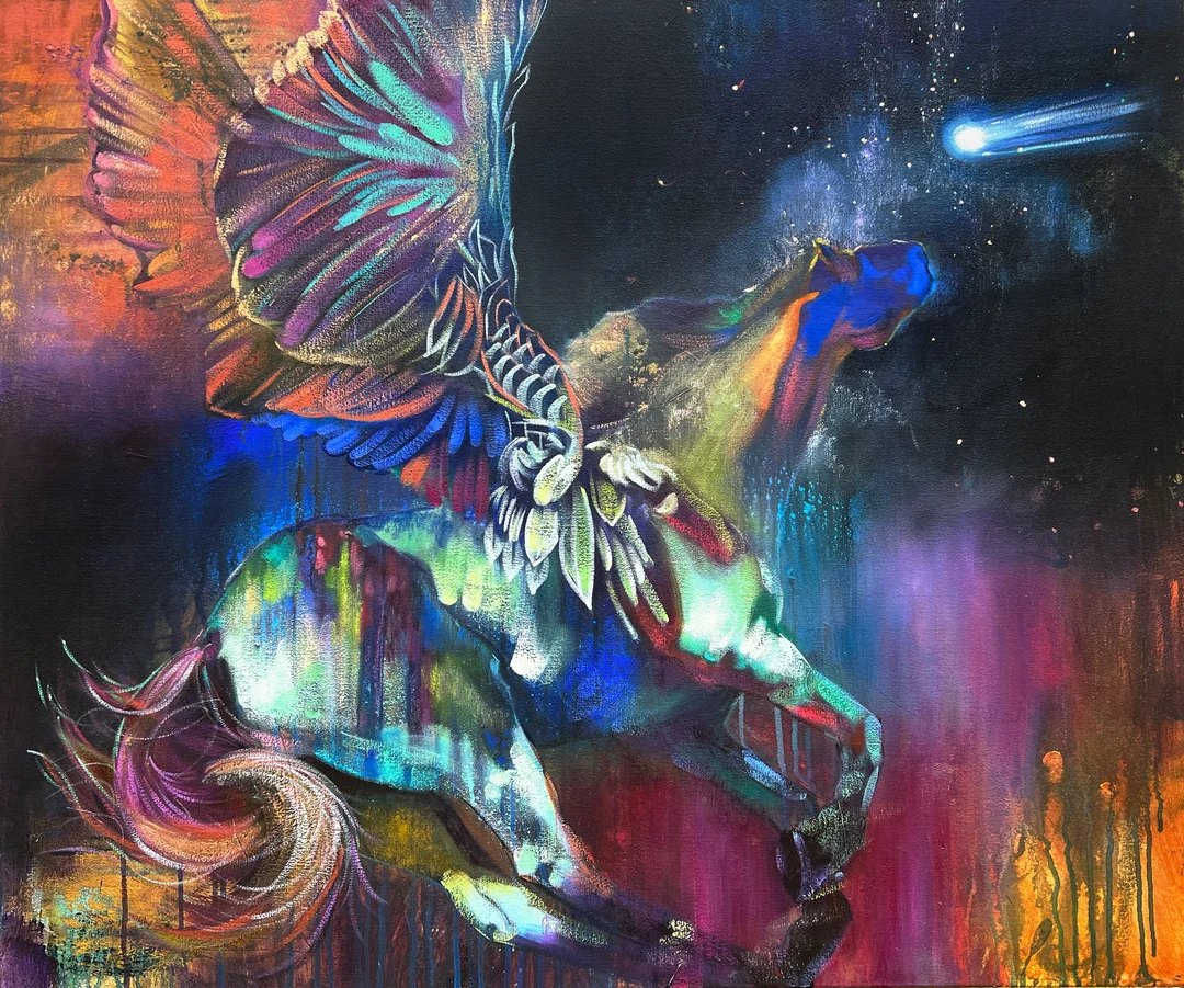 Abstract realism painting of a winged horse in neon violet, orange and green with a comet overhead