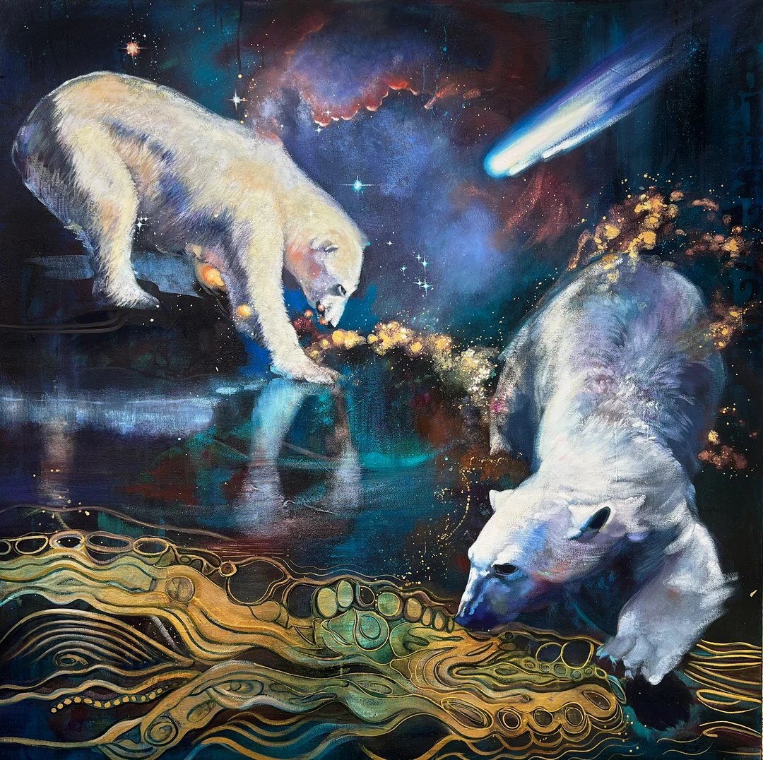 Two polar bears meeting over dark water with gold patterning