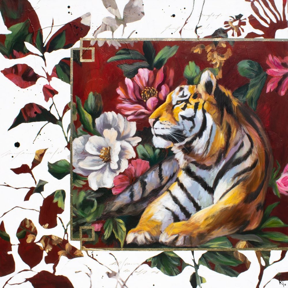 Painting of a tiger among peonies and camellias on a deep crimson ground with a gold frame
