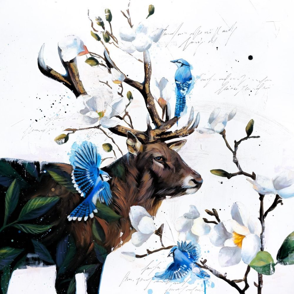 Painting of a stag with magnolia branches through its antlers and blue jays in flight