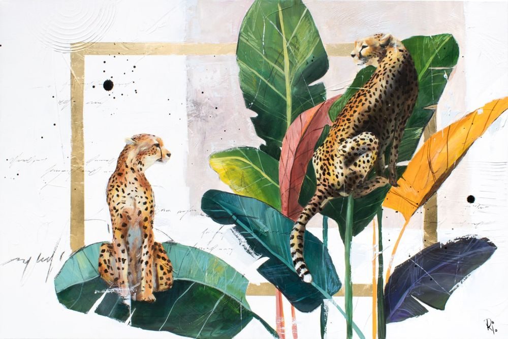 Painting of two cheetahs perched among large tropical leaves in green, coral and ochre