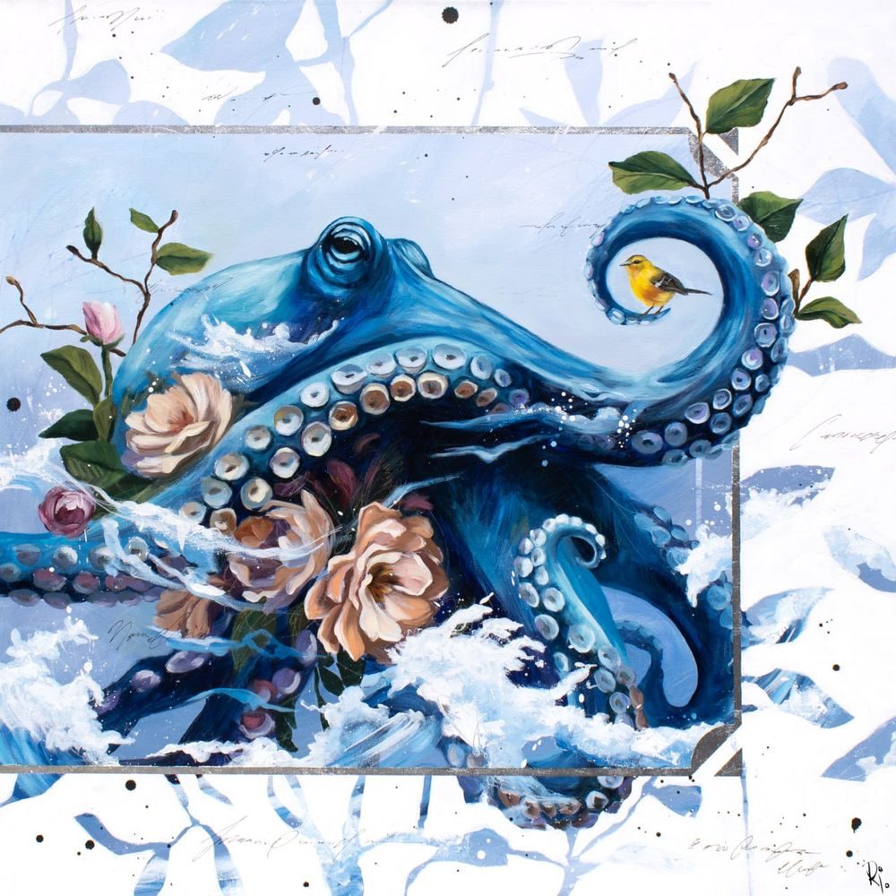 Painting of a blue octopus with a small yellow bird perched in a curled tentacle, surrounded by peonies