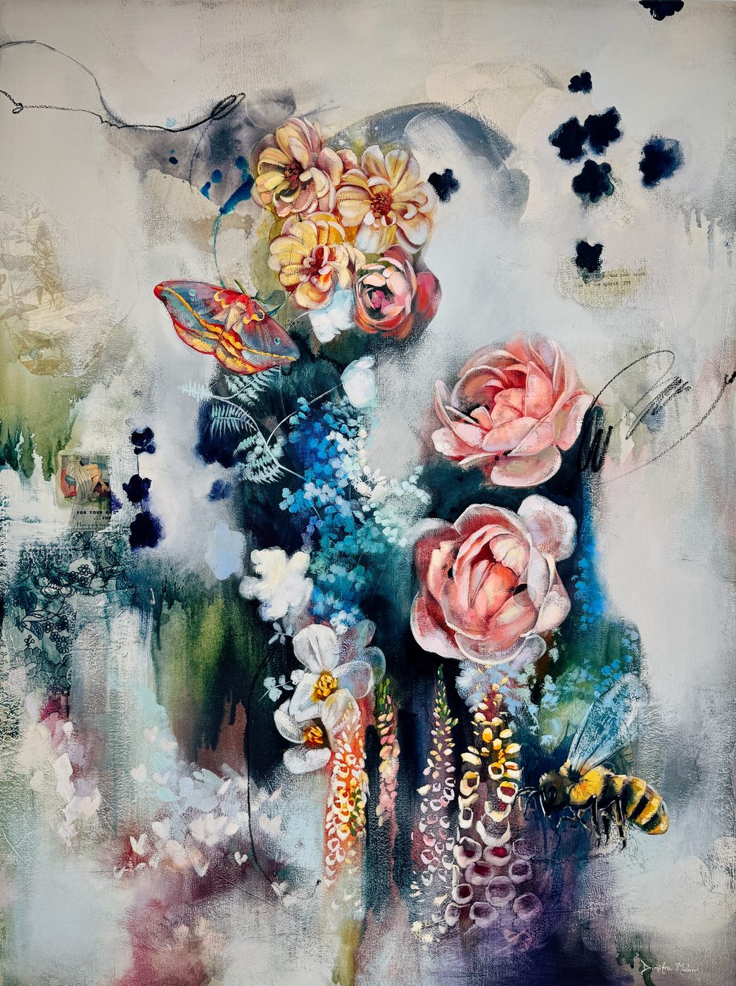 Layered painting of roses, orchids and wildflowers with a moth and a bee, blending crisp detail with soft atmospheric edges