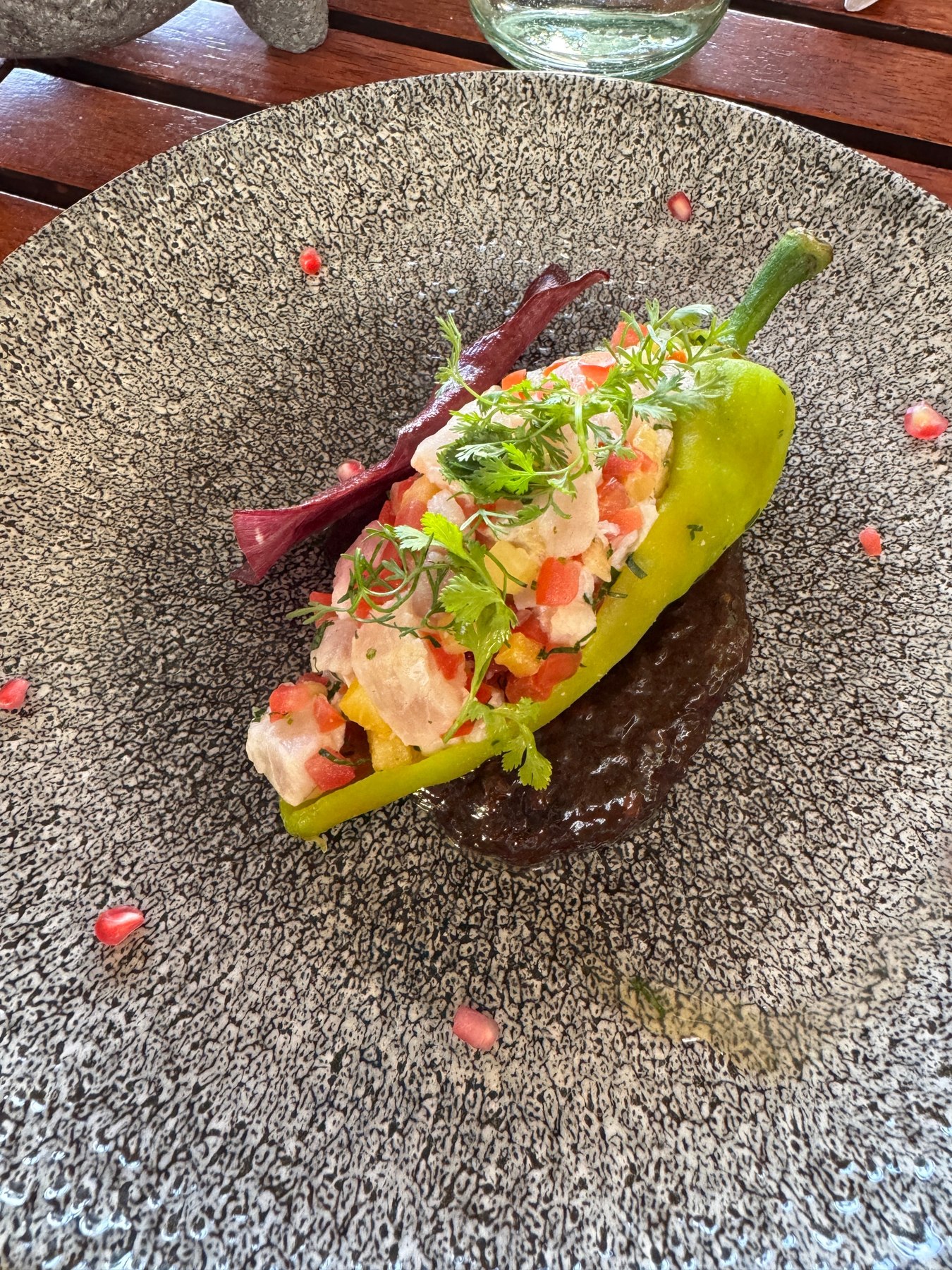 A restaurant plate holding a whole green chile filled with a seafood salad, set on dark mole and scattered with pomegranate seeds