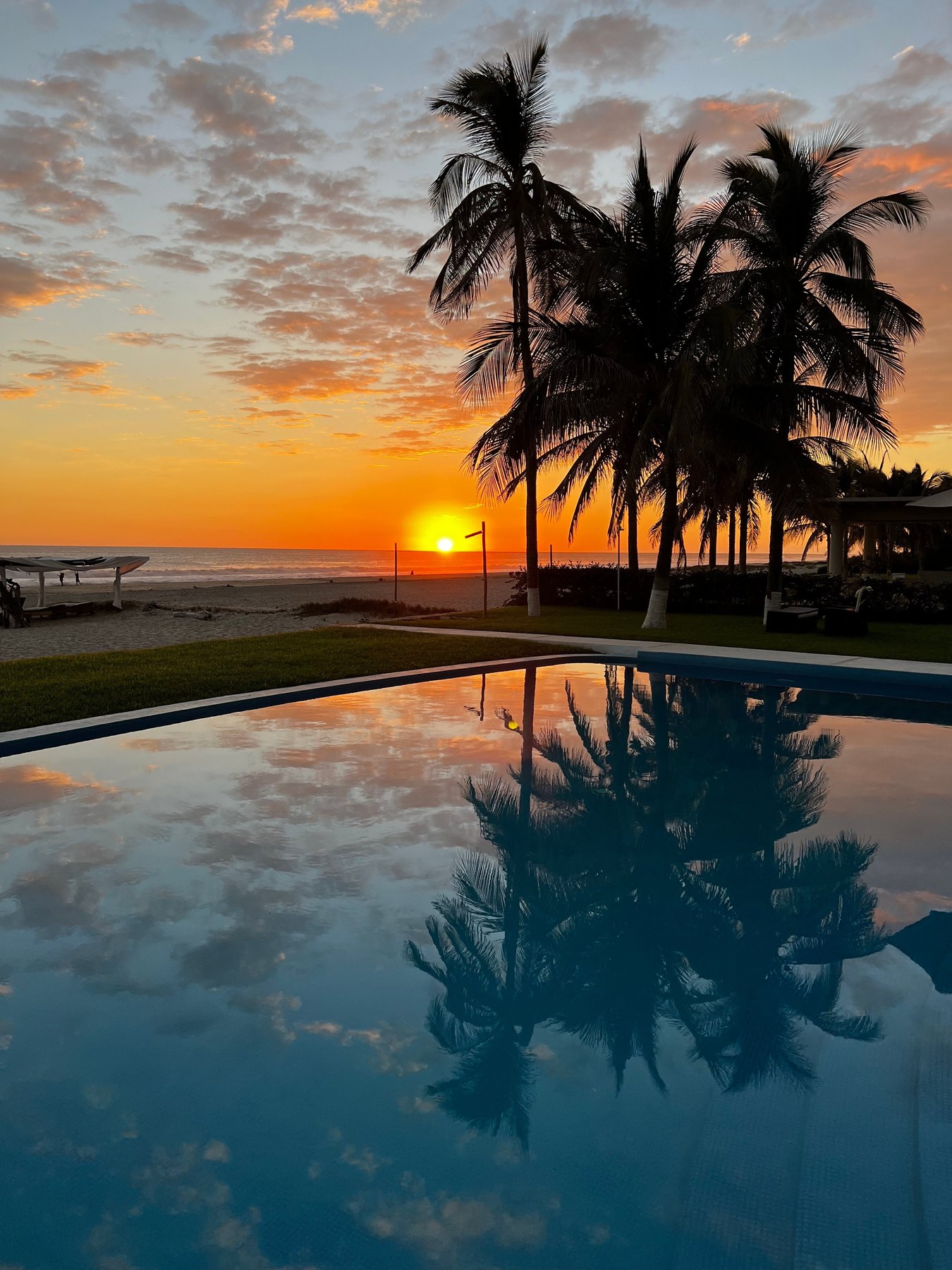 An orange sunset over the ocean with palms in silhouette, the whole scene mirrored in the pool in the foreground