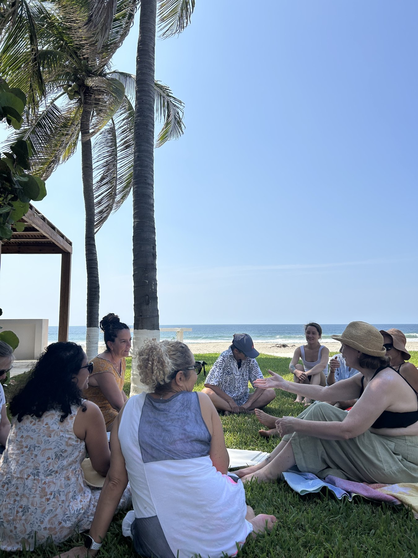 A group sitting in a circle on the lawn between palm trees with the beach right behind them, several of them in sun hats
