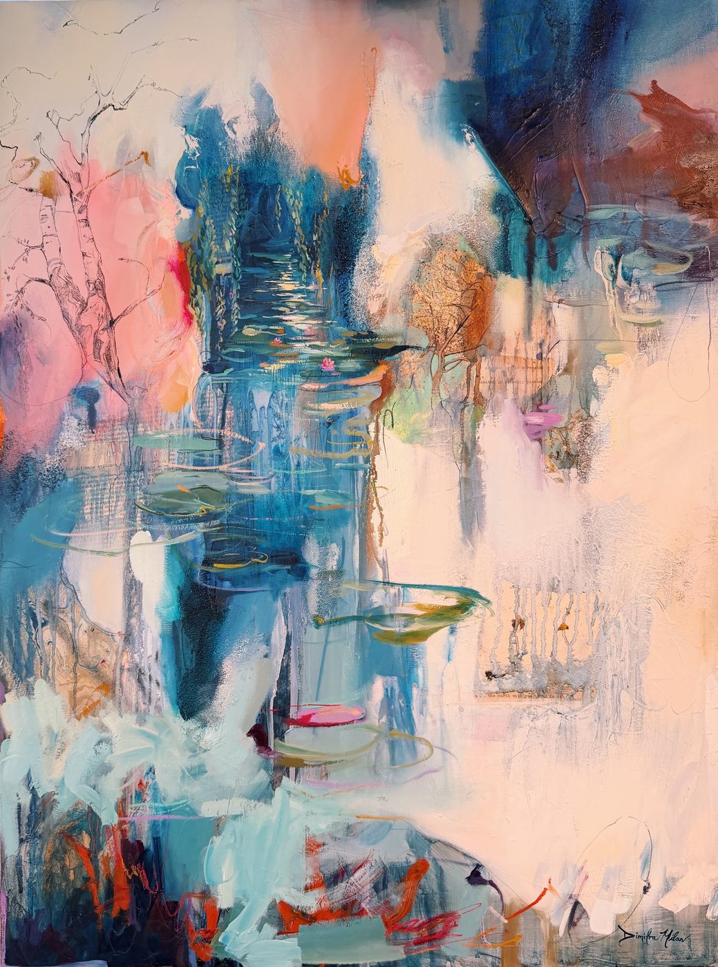 Tall luminous original Milan painting, Walk the Earth With Your Head in the Clouds, showing the studio's finish at scale