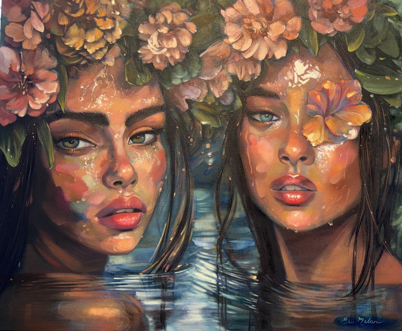 Oil painting of two women in flower crowns, shoulder deep in still water, with strokes of painted color across their faces