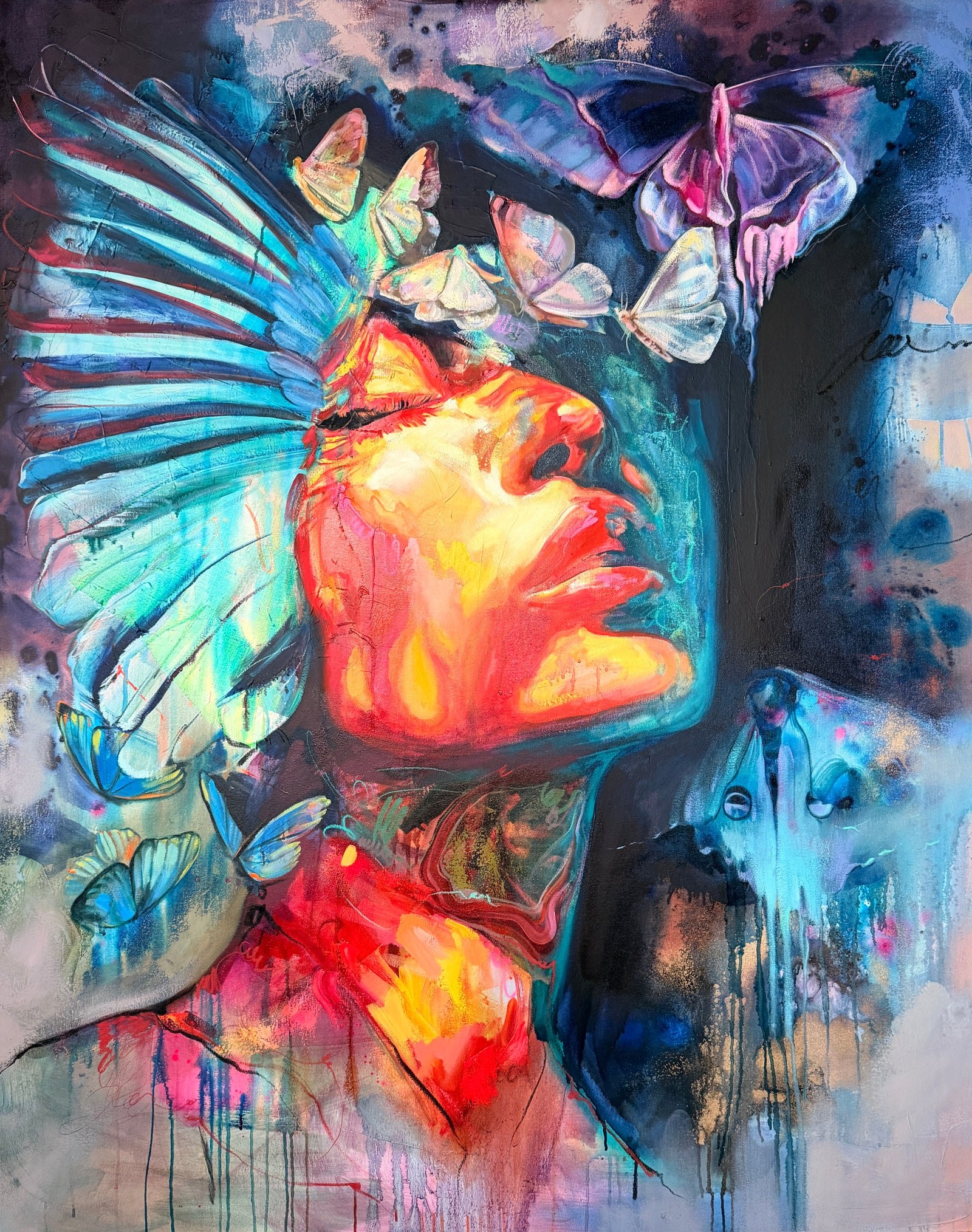 Oil portrait of a bearded man looking up under a golden crown, with bees flying around him and honey dripping down through a dark night sky