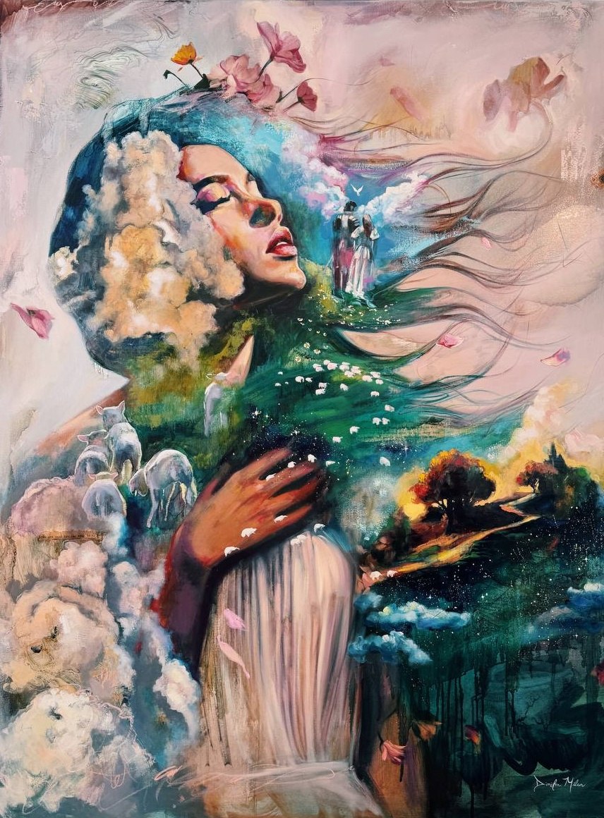 Oil painting of a woman in profile with clouds for hair, a green pasture and grazing sheep painted across her shoulder, and two small figures walking into the light