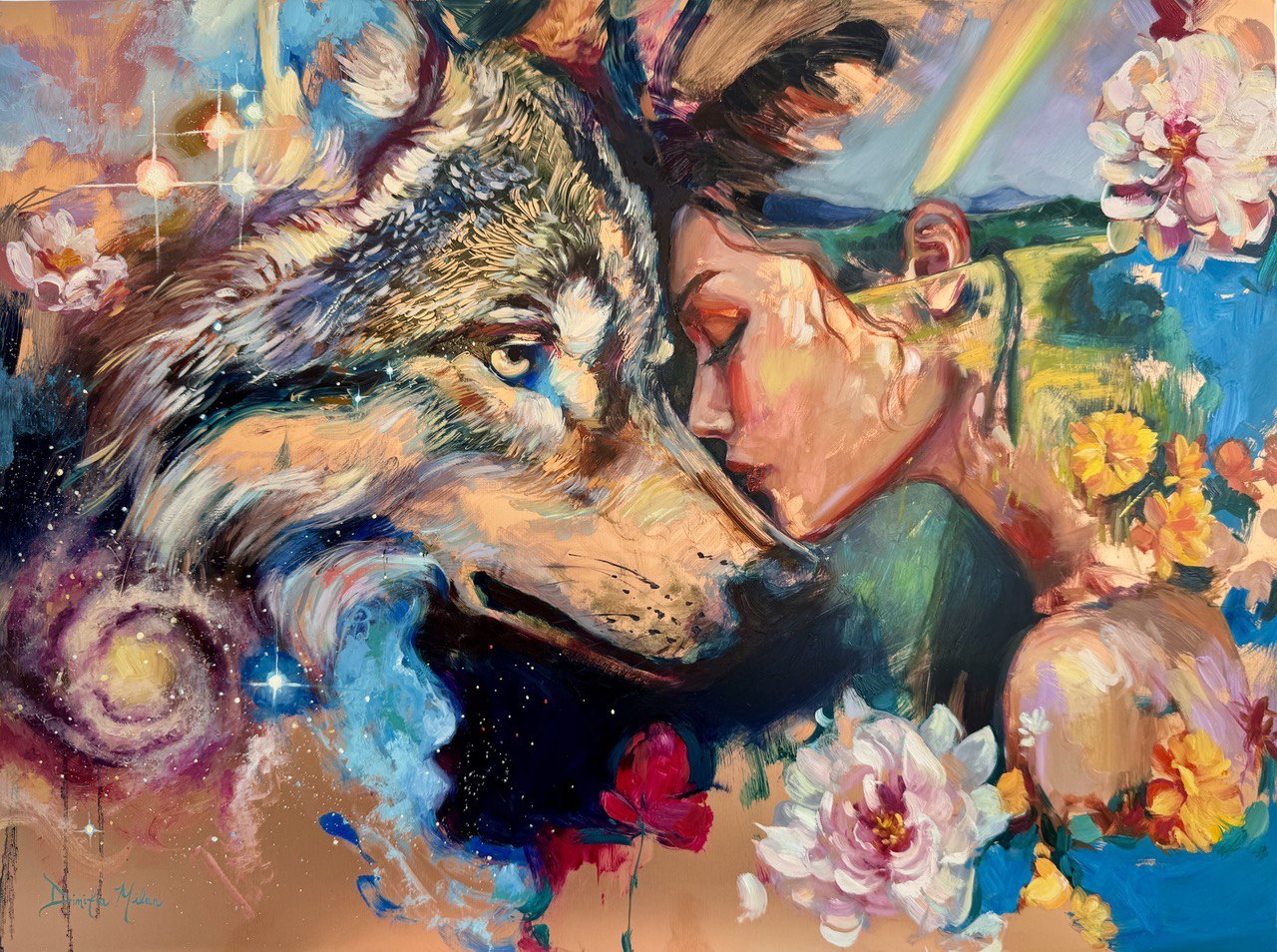 Oil painting of a wolf and a woman with their faces touching, surrounded by peonies, a spiral galaxy and a distant green landscape