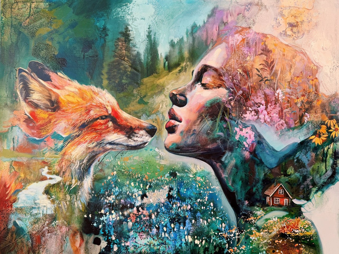 Detail of an oil painting by Dimitra Milan: a woman in profile nose to nose with a fox, a valley of pines, wildflowers and a small red cabin painted through them both