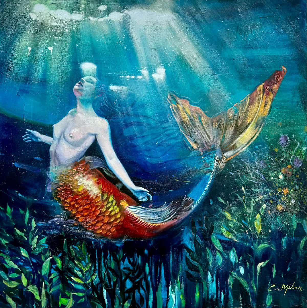 Expressive painting of a mermaid figure in teal, gold, and red by Elli Milan