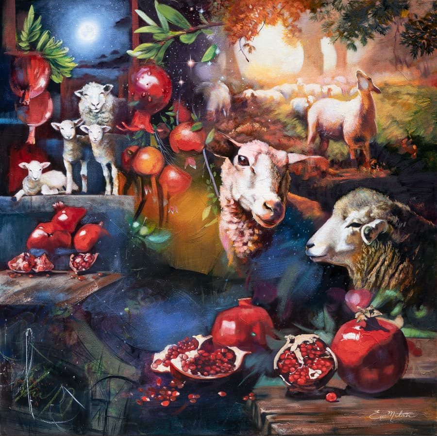 Symbolic painting of a sheep among pomegranates in a warm jewel palette by Elli Milan