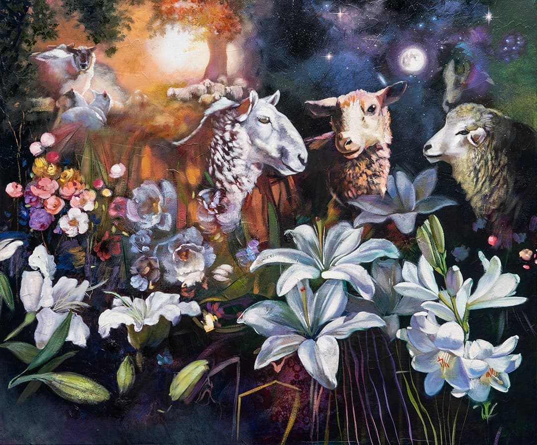 Ethereal cosmic painting of sheep among lilies in soft light by Elli Milan