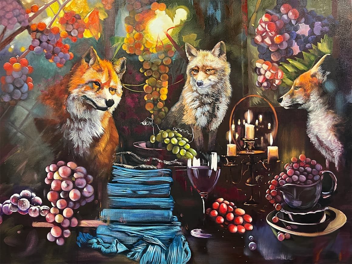 Warm, dramatic still life of foxes and grapes in a rich jewel palette by Elli Milan